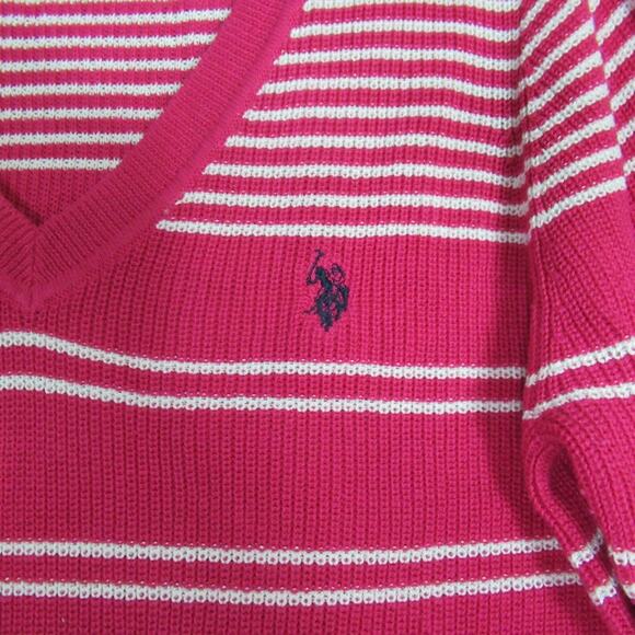 US Polo Assn Sweater Womens M Pink White Striped Knit Long Sleeve Coastal Preppy - Picture 3 of 7